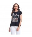 Printed t-shirt Short Sleeve with Stones Back Chiffon With Rhinestones